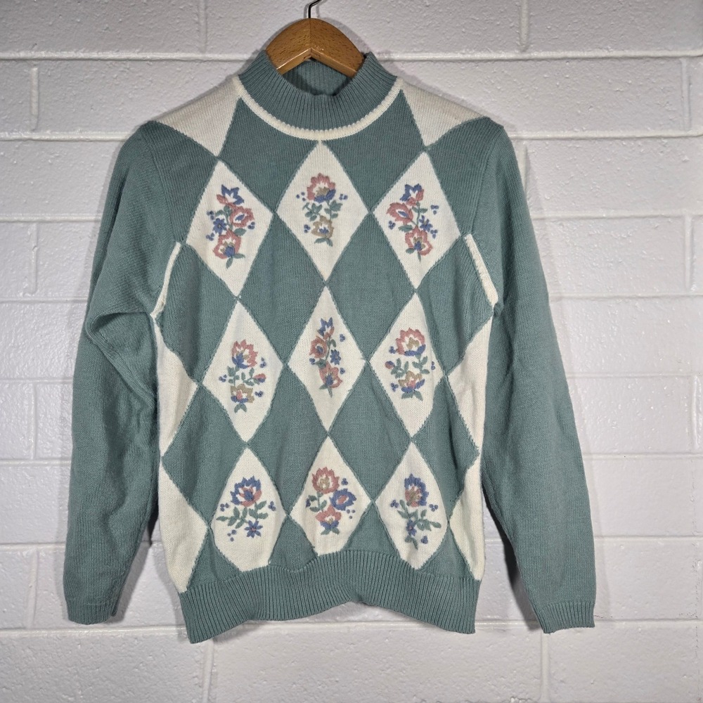 Vtg Alfred Dunner Sweater Medium Argyle Floral Mock Neck Knit Grannycore Cottage